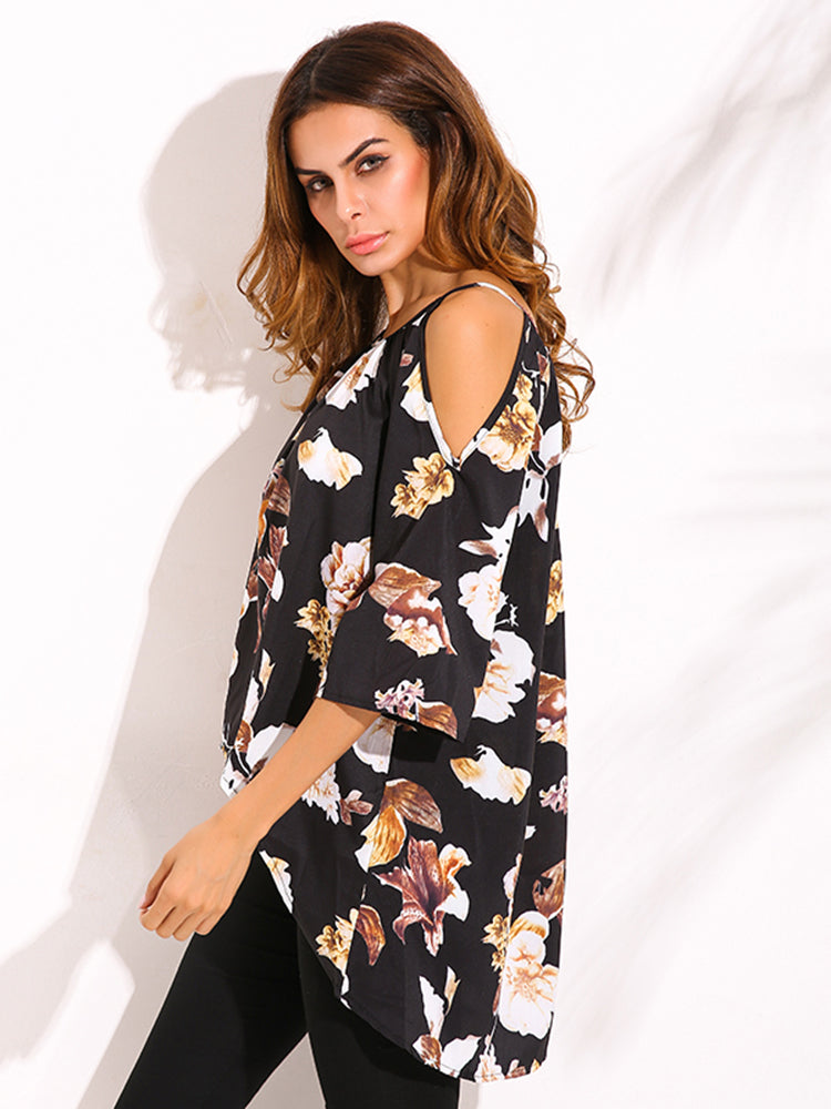 Sexy Women Flower Printed Strap Off Shoulder Half Sleeve High Low Blouse
