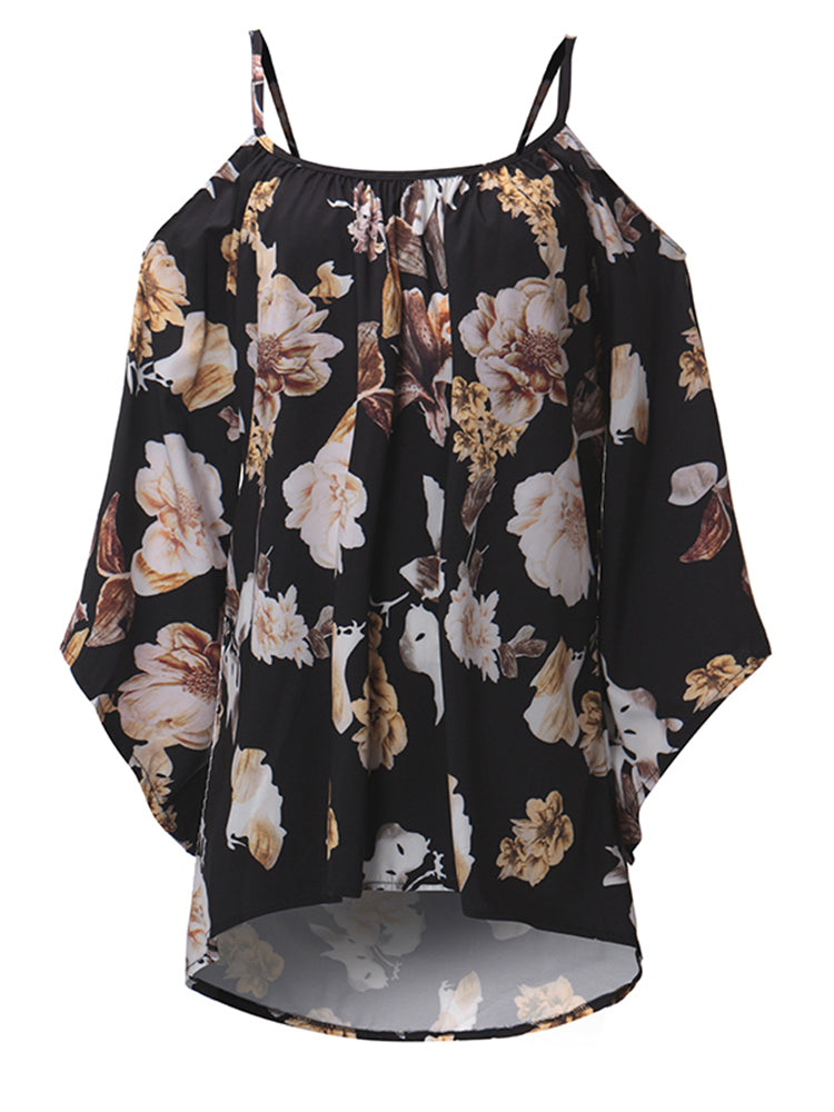 Sexy Women Flower Printed Strap Off Shoulder Half Sleeve High Low Blouse